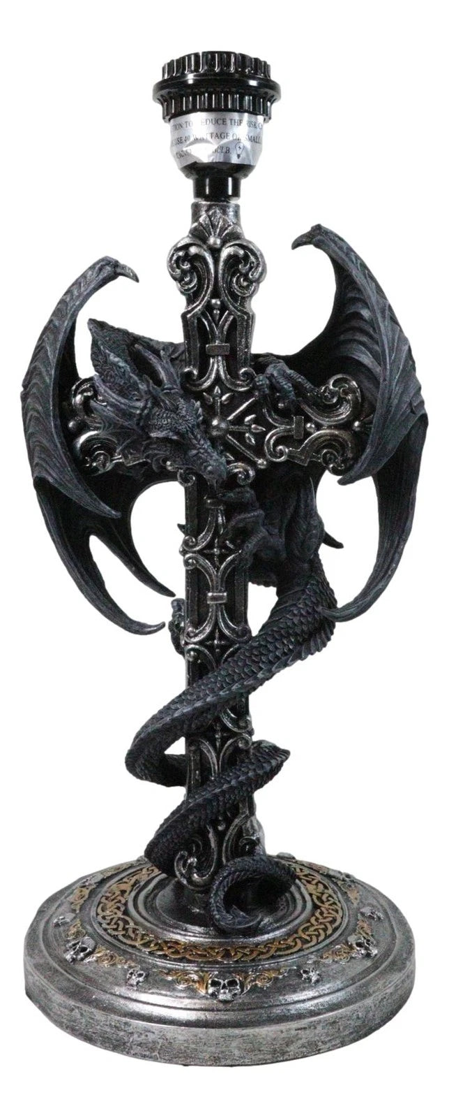Gothic Faux Stone Dragon Perching On Celtic High Cross Sculptural Table Lamp-7