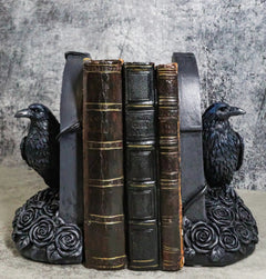 Raven Figurine, 8" Crow Perching on Black Roses Tombstone Gothic Figurine Bookends for Shelf, Desk, Home, or Gothic Room Decor Collectible-5