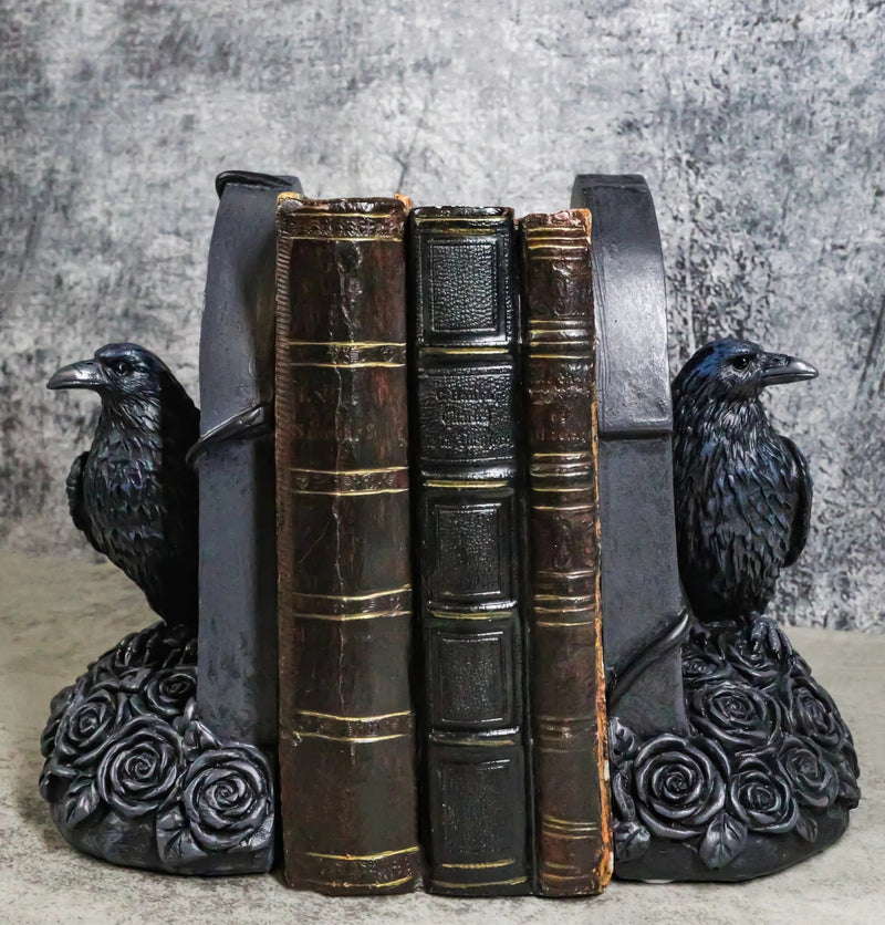 Raven Figurine, 8" Crow Perching on Black Roses Tombstone Gothic Figurine Bookends for Shelf, Desk, Home, or Gothic Room Decor Collectible-5