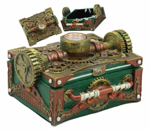 Steampunk Mechanical Gears Design Secret Jewelry Box With Navigational Compass-4