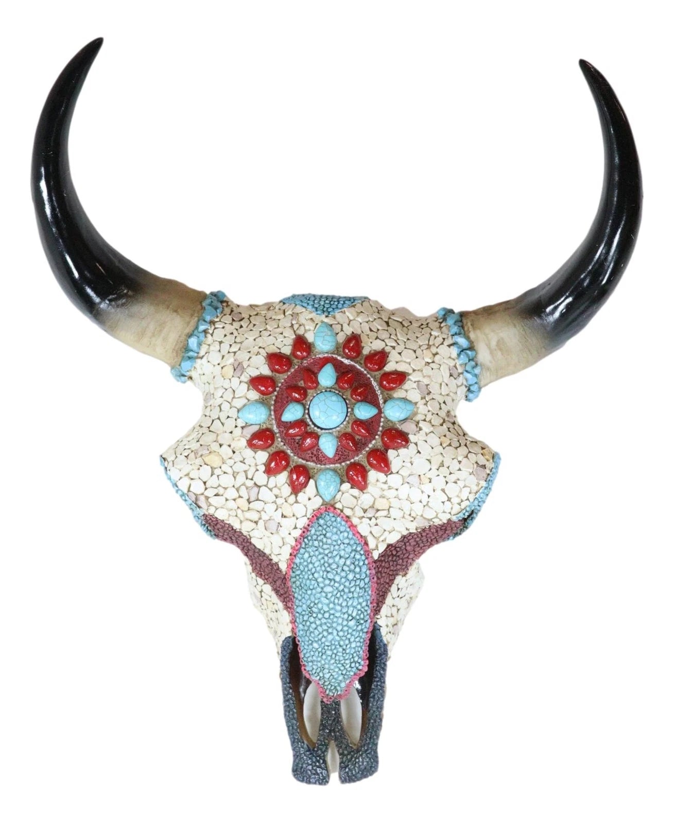 16.5"H Large Turquoise And Red Gems Mosaic Southwest Steer Cow Skull Wall Decor-3