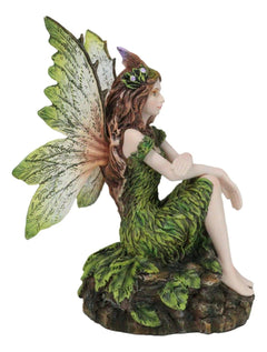 Sitting Pretty Tribal Elf Pixie Earth Fairy in Green Foliage Dress Figurine-5