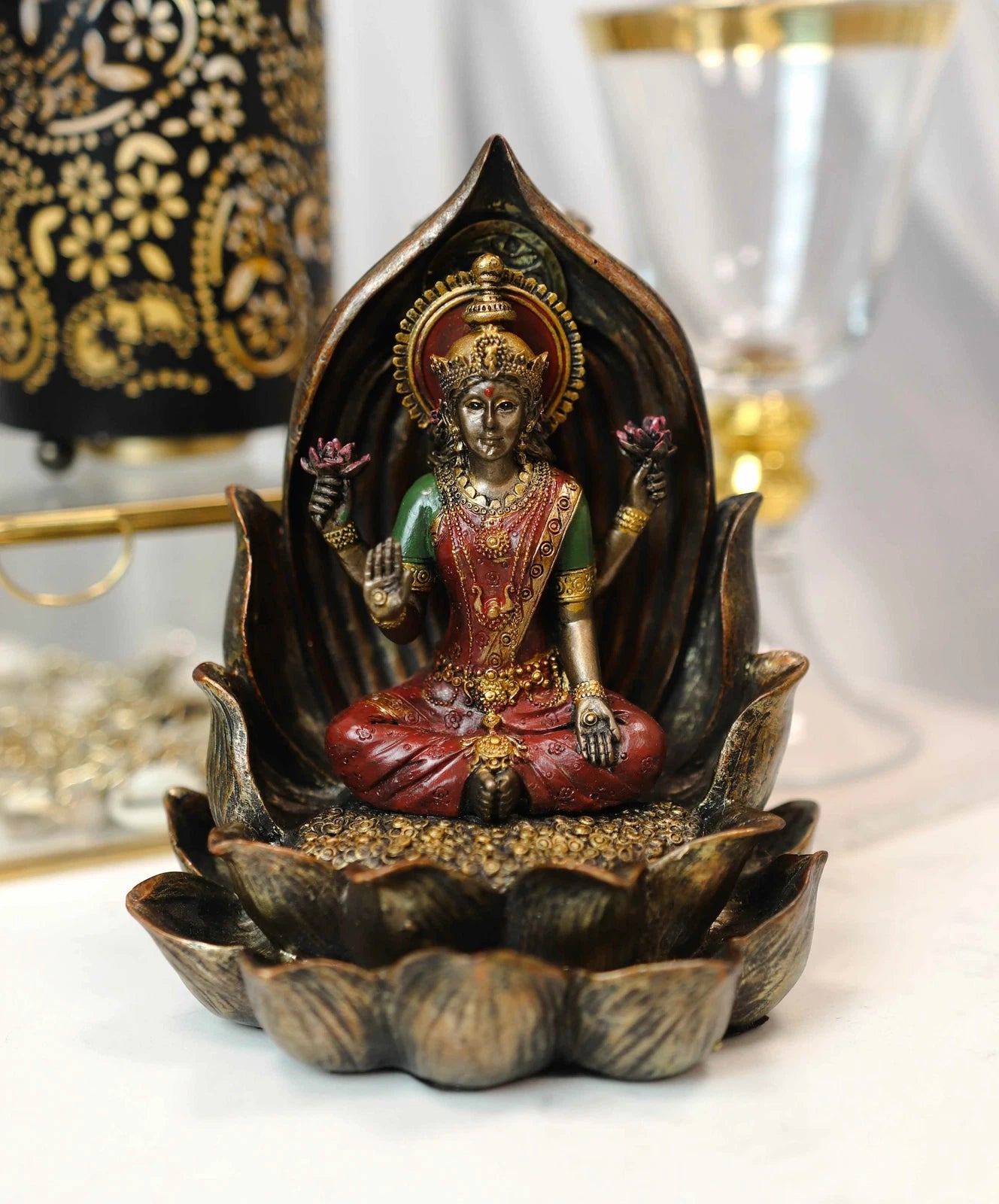 Vastu Hindu Goddess Lakshmi Seated On Lotus Backflow Incense Cone Burner Statue-1