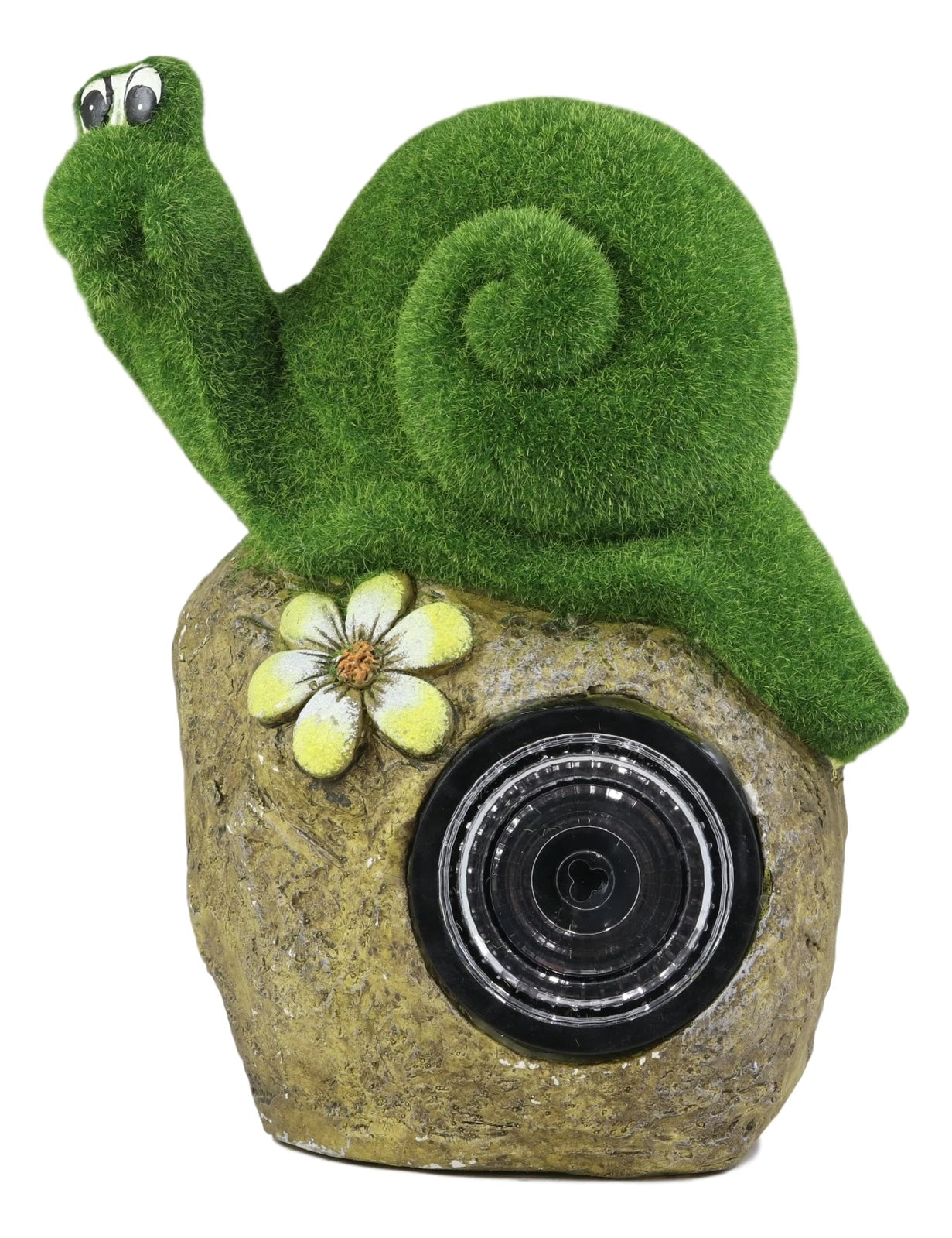 Whimsical Flocked Grass Snail On Rock Garden Statue With Solar LED Light Decor