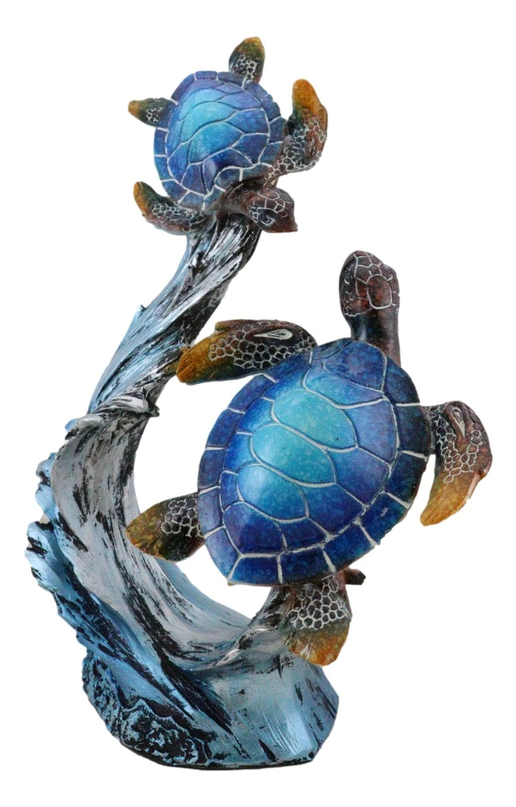 Nautical Blue Sea Turtle And Baby Swimming By Ocean Currents And Waves Figurine-5