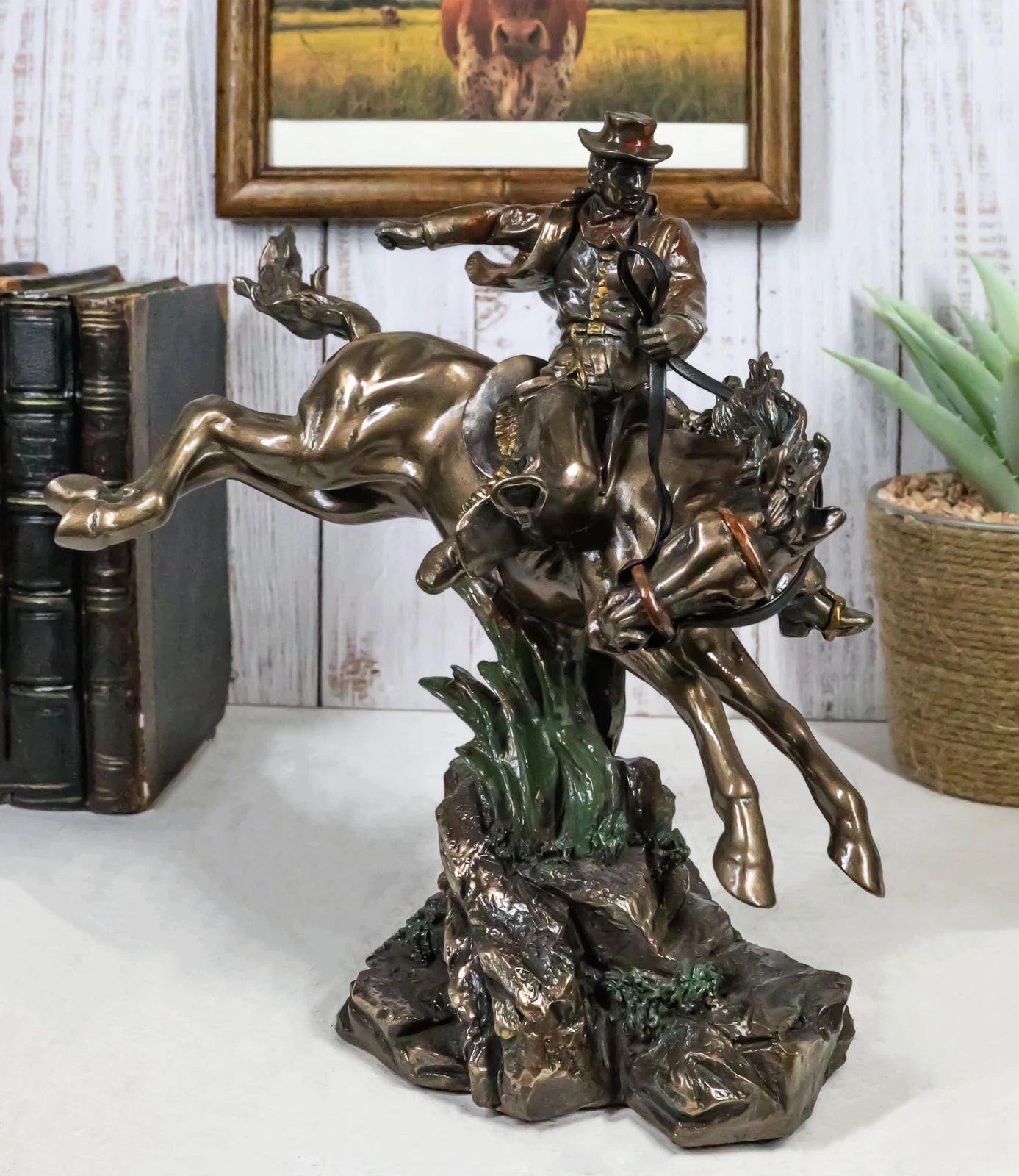 Rustic Western Rodeo Cowboy Riding On Galloping Wild Mustang Horse Figurine-6