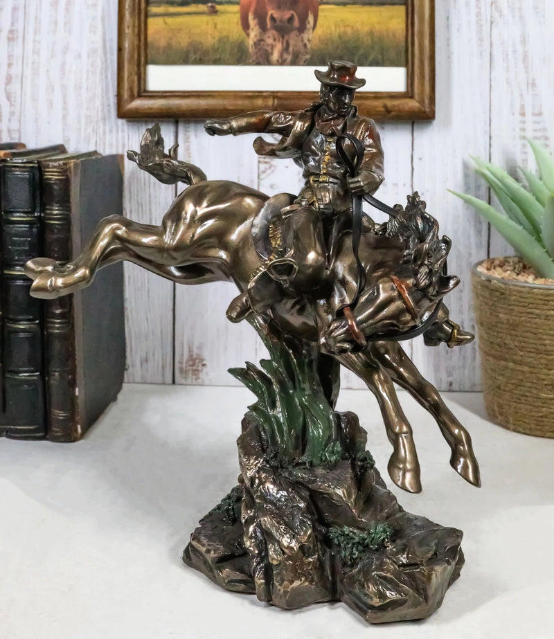 Rustic Western Rodeo Cowboy Riding On Galloping Wild Mustang Horse Figurine-6