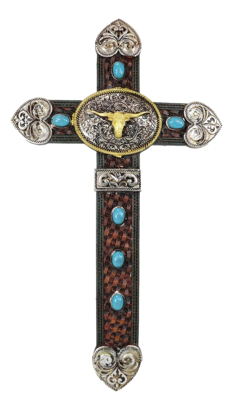 Set of 3 Rustic Western Turquoise Rocks Belt Buckle Conchos Wall Crosses Decor-4