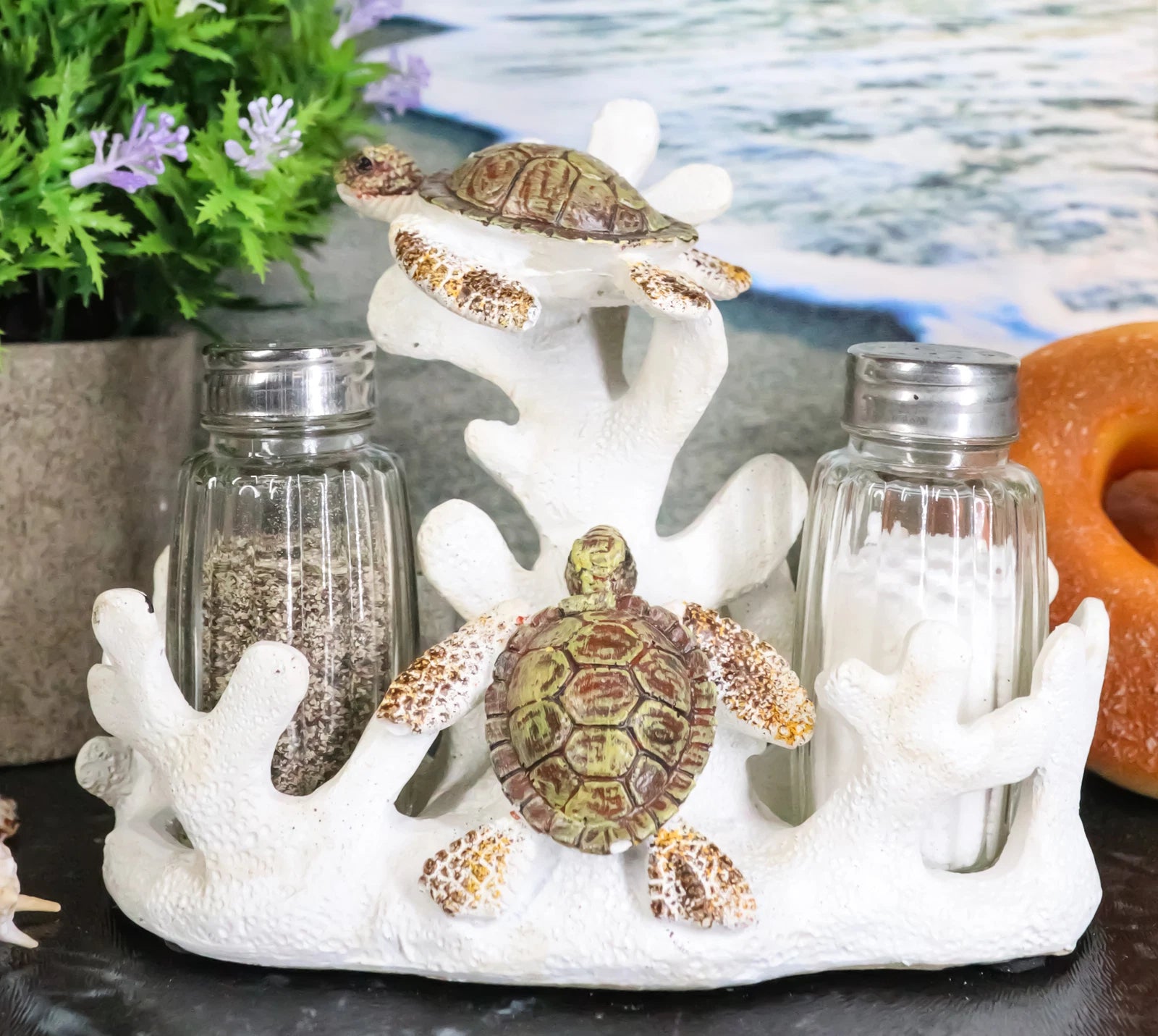 Nautical Coral Reef With 2 Sea Turtles Salt And Pepper Shakers Holder Set-1