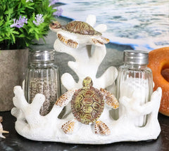 Nautical Coral Reef With 2 Sea Turtles Salt And Pepper Shakers Holder Set-1