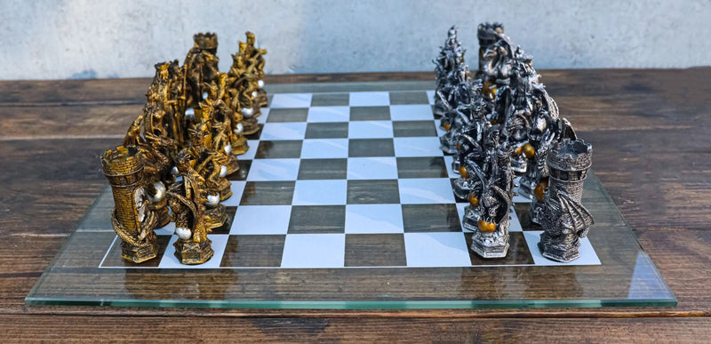 Silver and Gold King Arthur Merlin Dragons Chess Pieces with Board Set-1