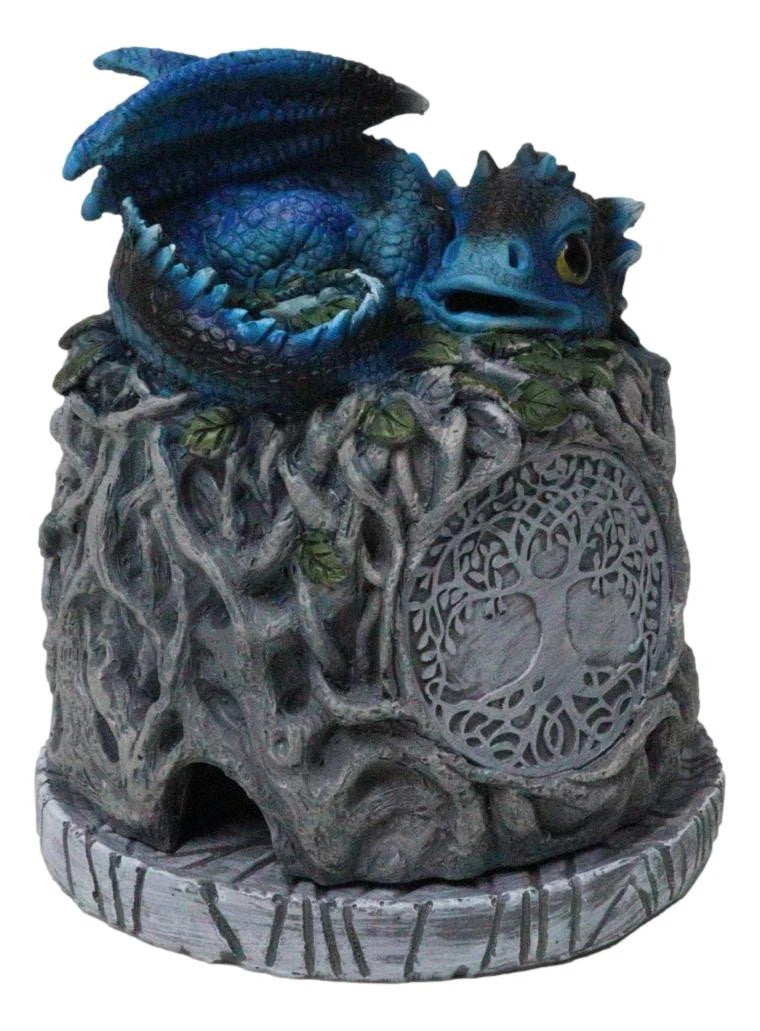 Blue Wyrmling Dragon Sleeping On Tree Of Life Stump Cone Incense Burner Figurine-3