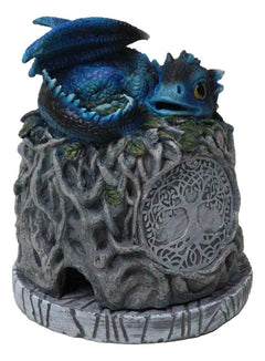 Blue Wyrmling Dragon Sleeping On Tree Of Life Stump Cone Incense Burner Figurine-3