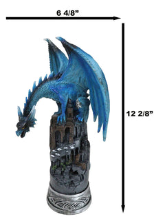 Blue Elemental Ice Dragon Perching On Medieval Stonewall Castle Tower Figurine-4