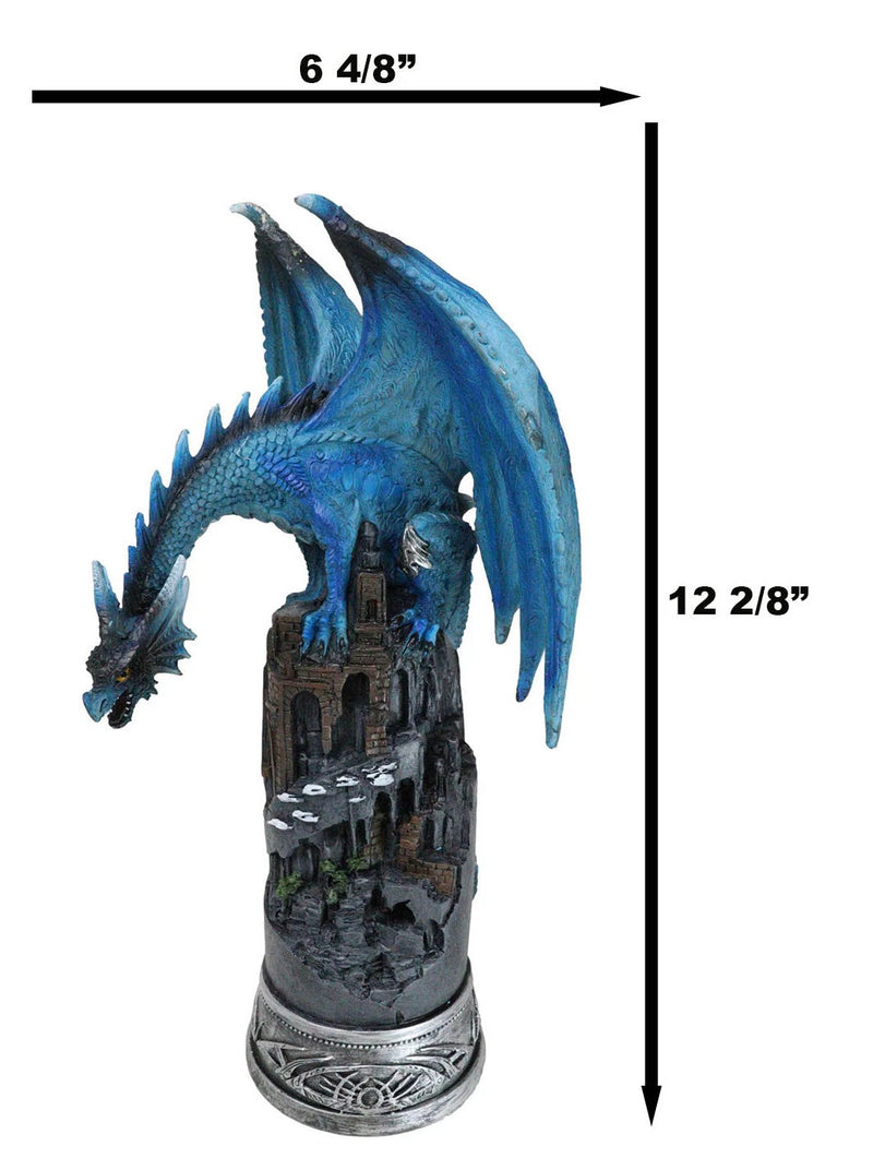 Blue Elemental Ice Dragon Perching On Medieval Stonewall Castle Tower Figurine-4