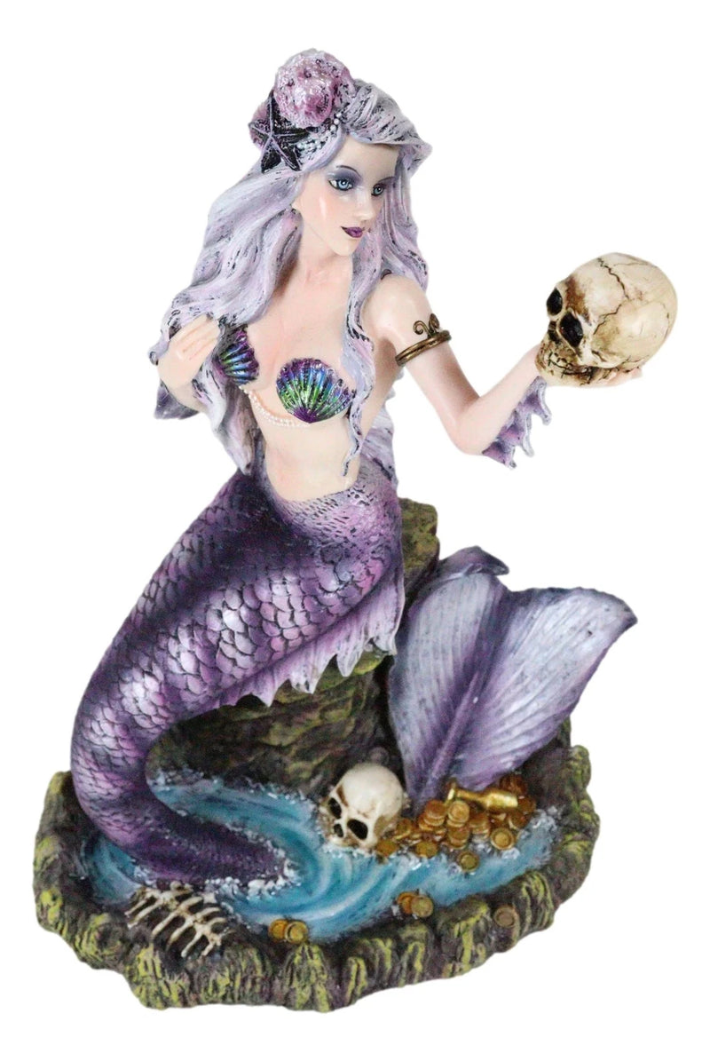 Large Sirens of The Seas Necromancer Gothic Mermaid Holding A Skull Figurine-2