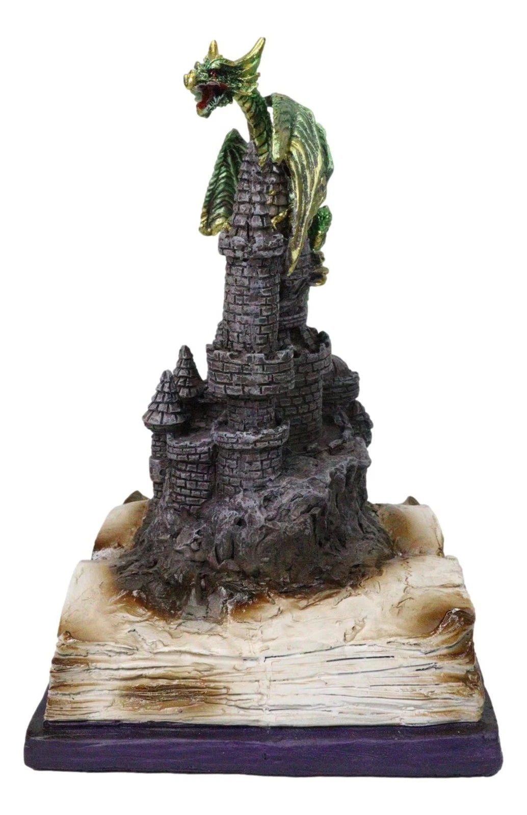 Medieval Green Dragon Perching On LED Castle With Book of Spells Figurine-3