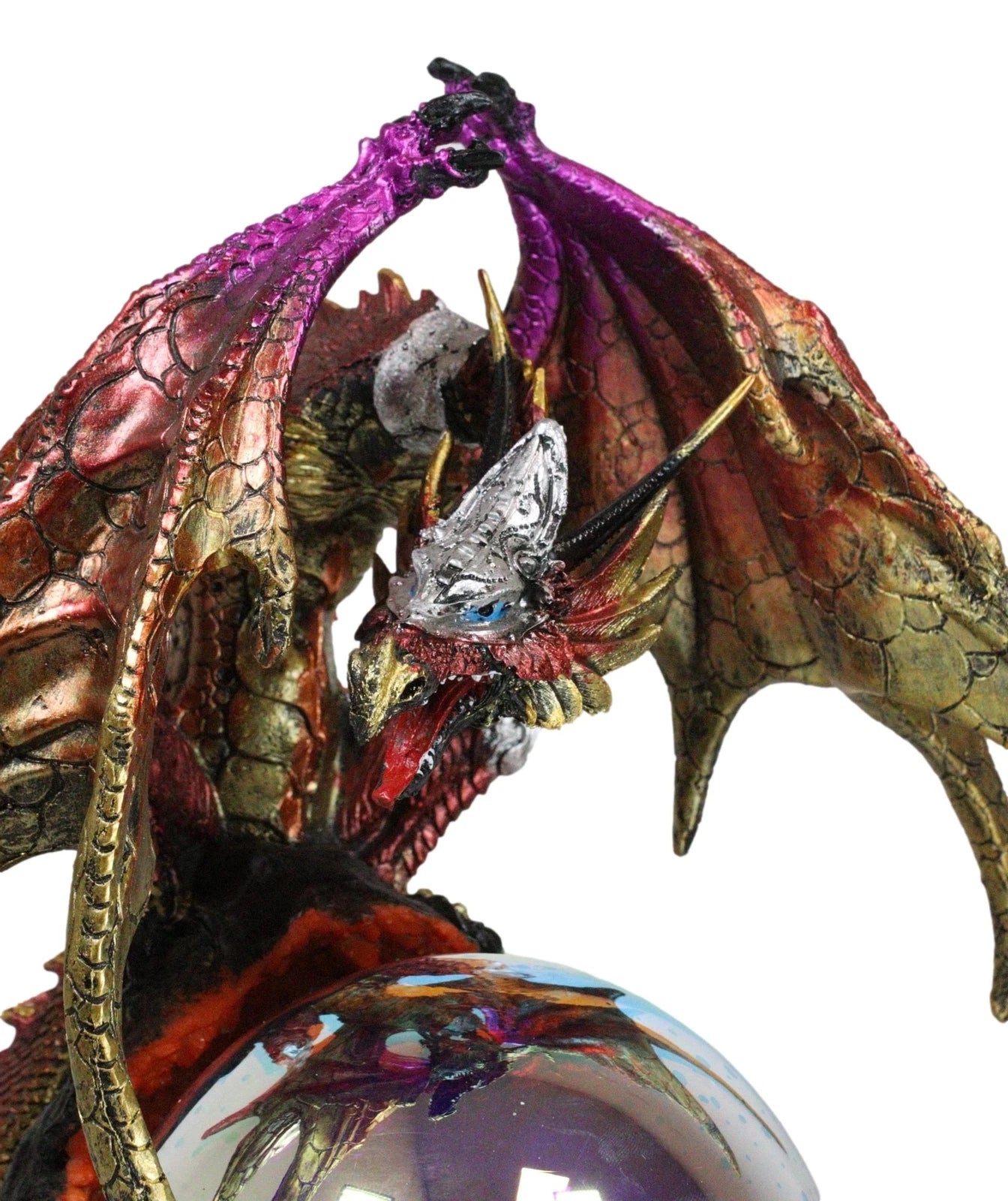 Metallic Red Gold Armored Dragon On Volcano Lava Rock With LED Optic Ball Statue-3