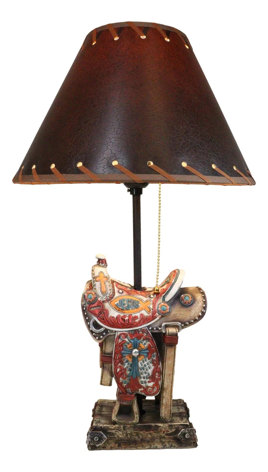 Rustic Western Cowboy Horse Saddle with Ichthys Jesus Fish Symbol Table Lamp-2