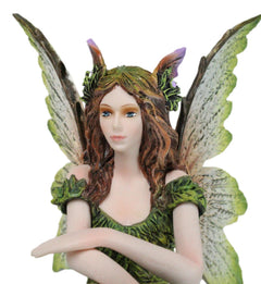 Sitting Pretty Tribal Elf Pixie Earth Fairy in Green Foliage Dress Figurine-3
