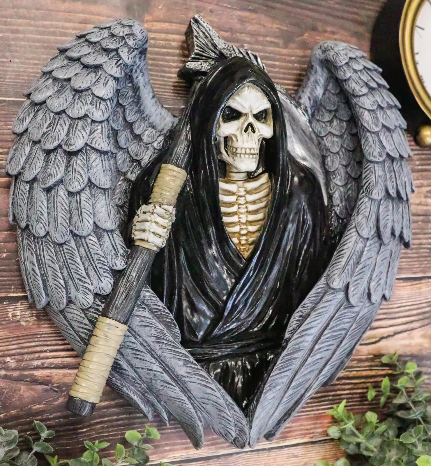 Gothic Grim Reaper Skeleton with Angel Wings Holding Scythe Heart Wall Decor-3