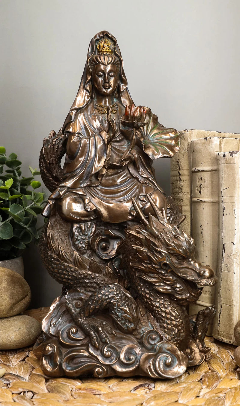 Avalokiteśvara Meditating Buddha Kwan Yin Kuan Yin On Dragon Statue 11"H-1