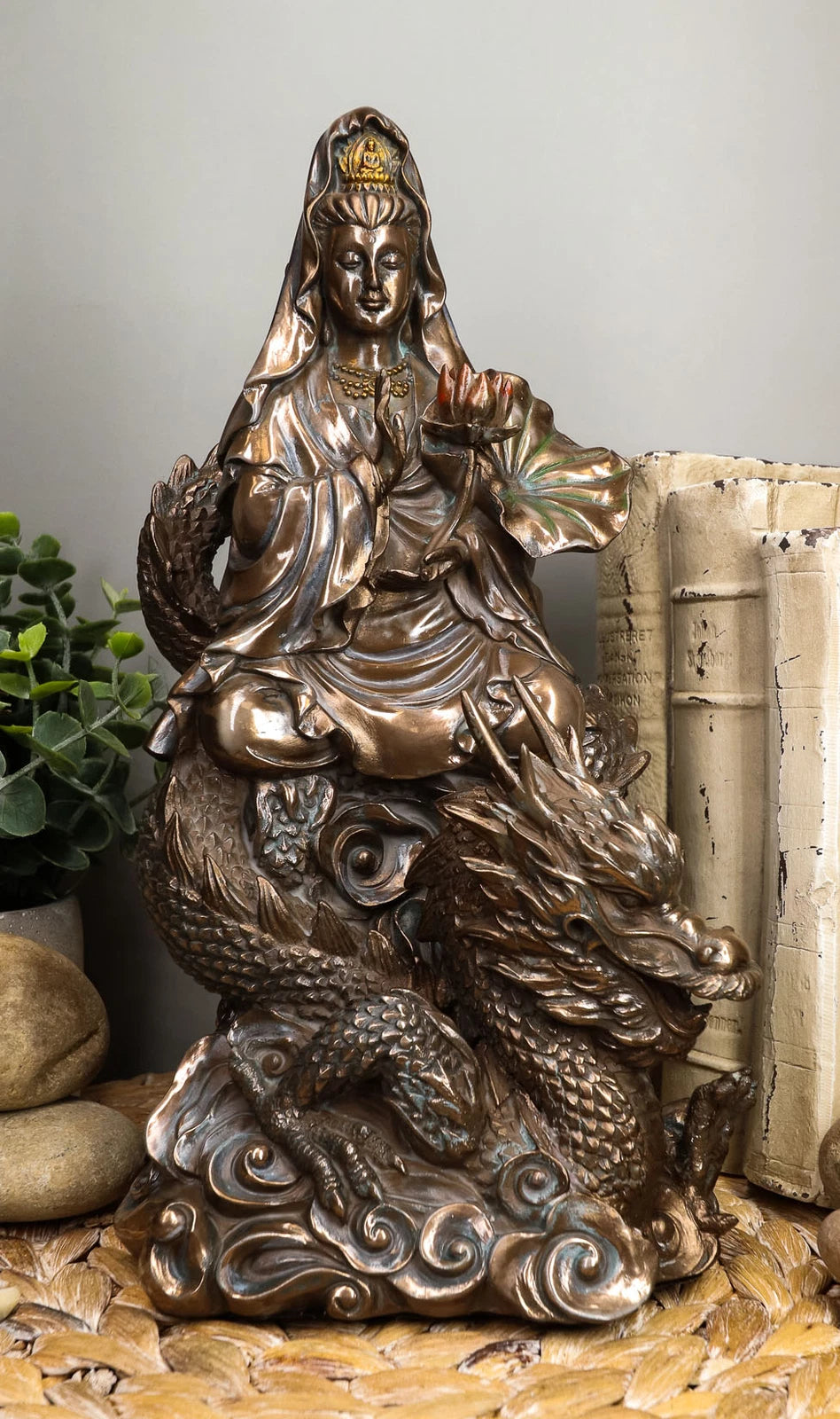 Avalokiteśvara Meditating Buddha Kwan Yin Kuan Yin On Dragon Statue 11"H