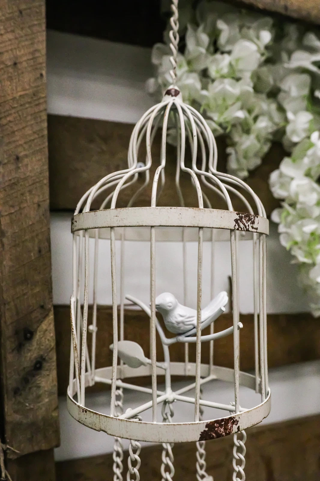 Whimsical Rustic White Bird Perching On Twig In Cage Aluminum Metal Wind Chime-4