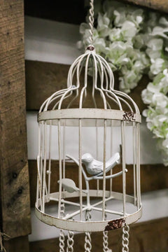 Whimsical Rustic White Bird Perching On Twig In Cage Aluminum Metal Wind Chime-4