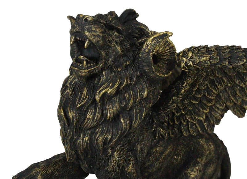 Faux Bronze Greek Guardian Winged Lion Chimera Gargoyle With Goat Horns Figurine-3