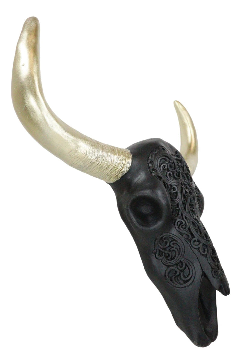 Black And Gold Tribal Floral Tattoo Tooled Filigree Bull Cow Skull Wall Decor-5