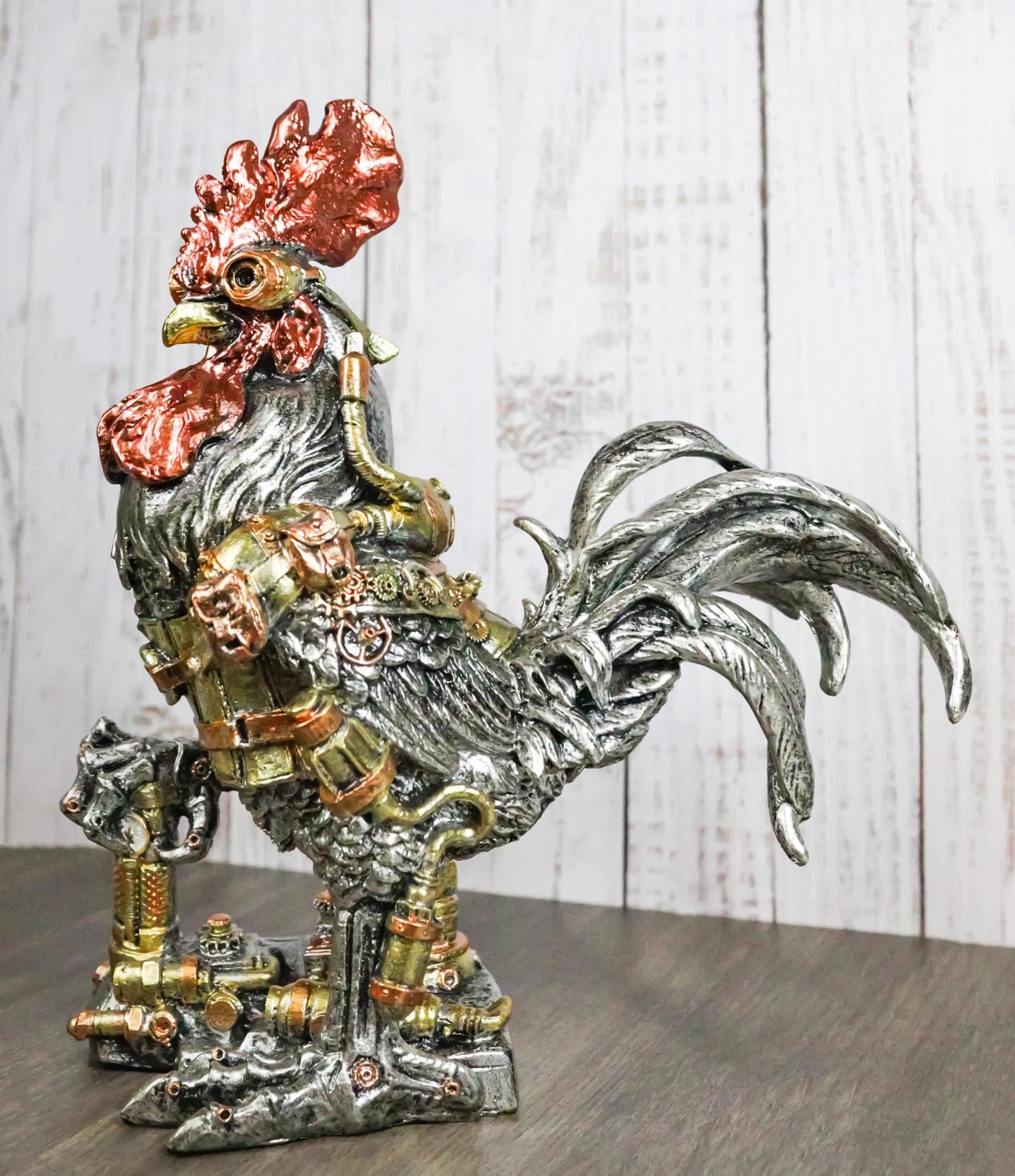 Steampunk Gearwork Robotic Cyborg Rooster Chicken In Battle Armor Figurine-1