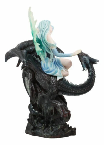 Large Ice Elemental Fairy With Night Fury Dragon Statue 14"L Fantasy Witch Fairy-3