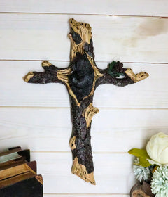 14"H Rustic Western Black Bear Cub Sleeping On Pine Tree Wall Cross Decor Plaque-2