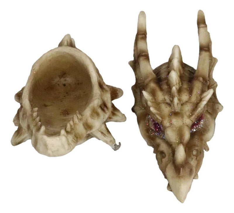 Fossil Dragon Skull Skeleton With Faux Geode Crystal Eyes Incense Burner Box-4