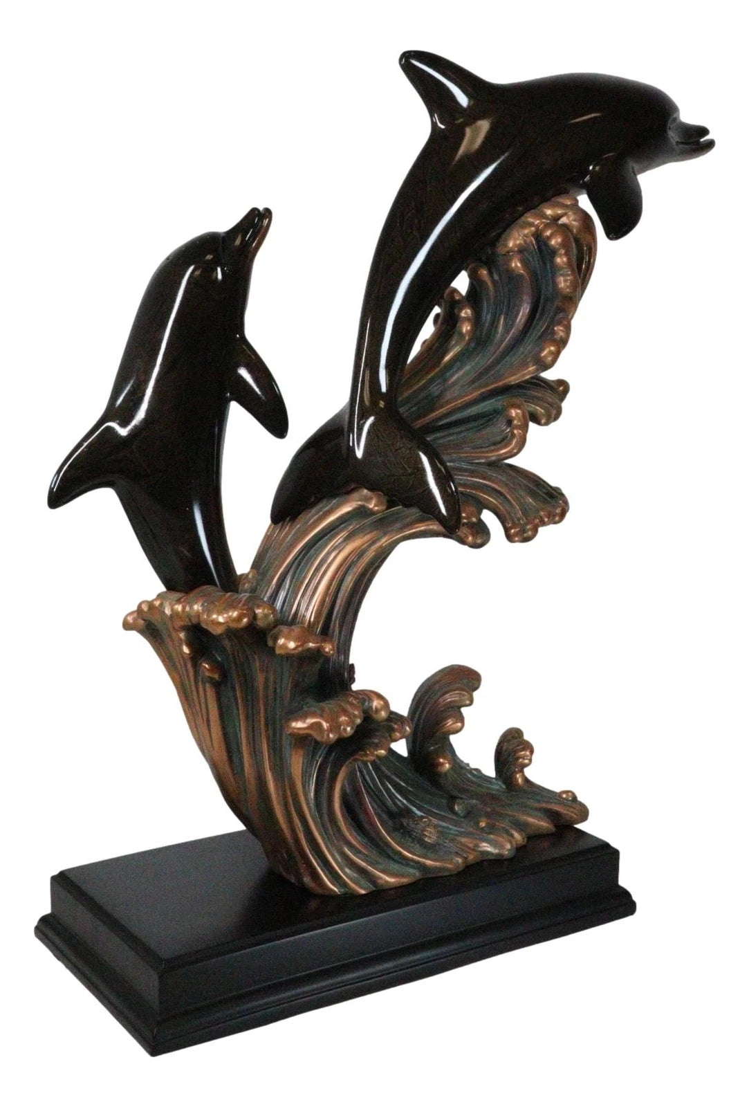 Large 23"H Nautical Marine 2 Bottlenose Dolphins Leaping Over Ocean Waves Statue-4