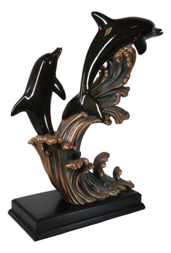 Large 23"H Nautical Marine 2 Bottlenose Dolphins Leaping Over Ocean Waves Statue-4