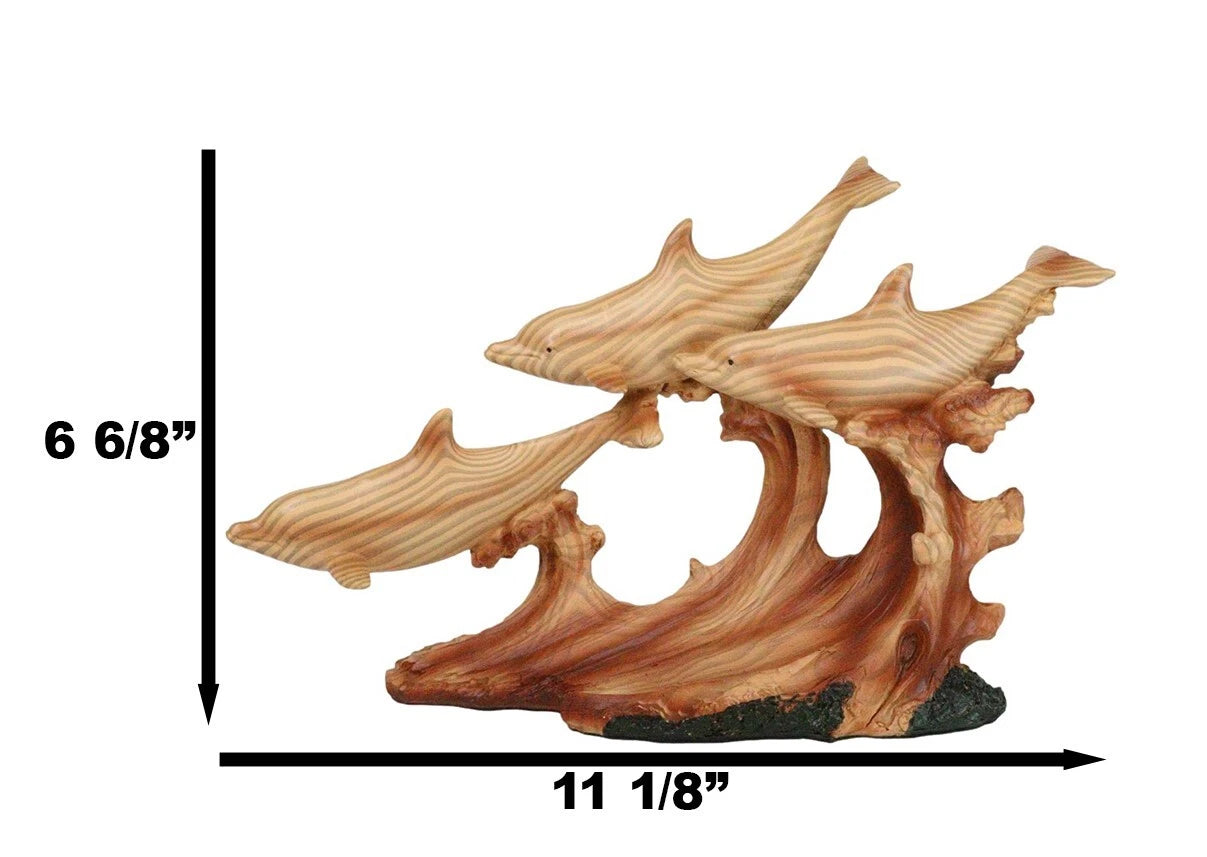 Nautical Marine Sea Ocean 3 Dolphins Swimming With Waves Faux Wood Figurine-4