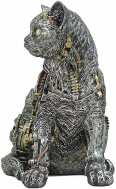 Steampunk Cyborg Cat with Clockwork Gears Nuts and Bolts Statue 8" Tall-2