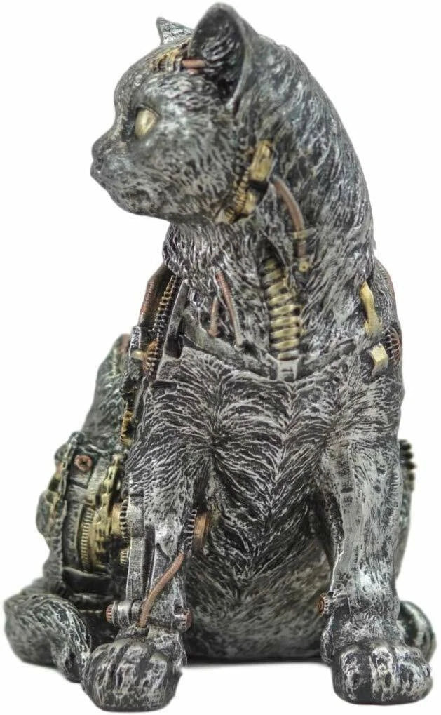 Steampunk Cyborg Cat with Clockwork Gears Nuts and Bolts Statue 8" Tall-2