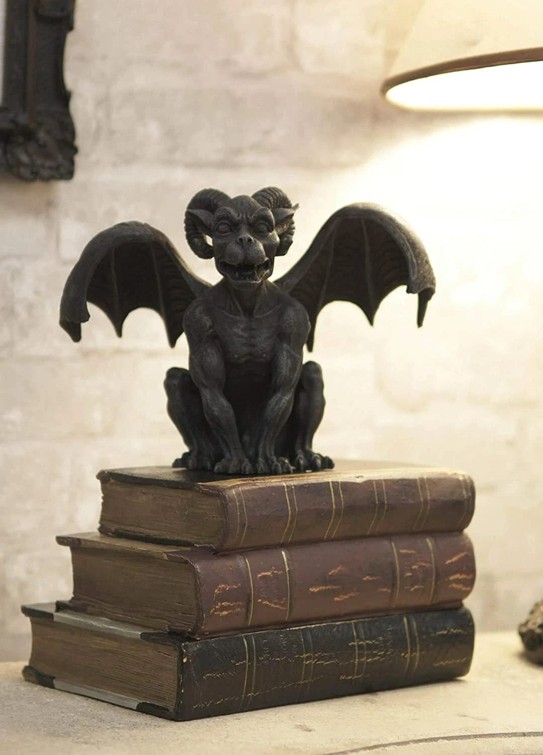 Crouching Ram Horned Gargoyle Statue in Faux Stone Finish Resin 6.25" Tall