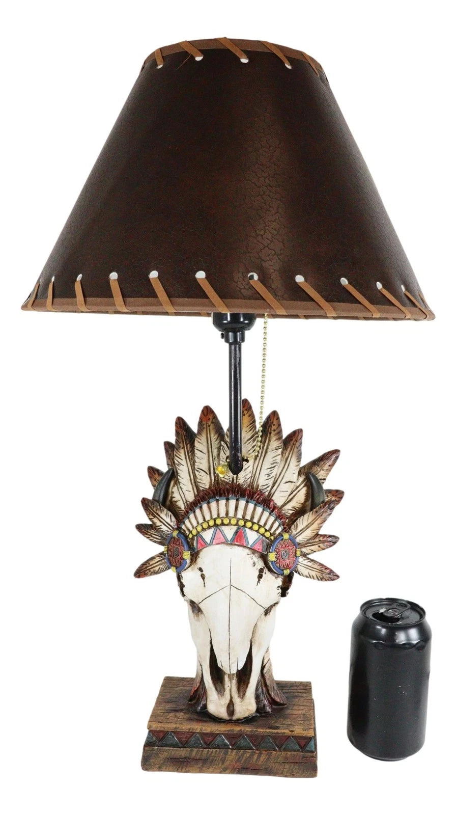 Western Cow Skull with Tribal Indian Chief Feathers Roach Headdress Table Lamp-4