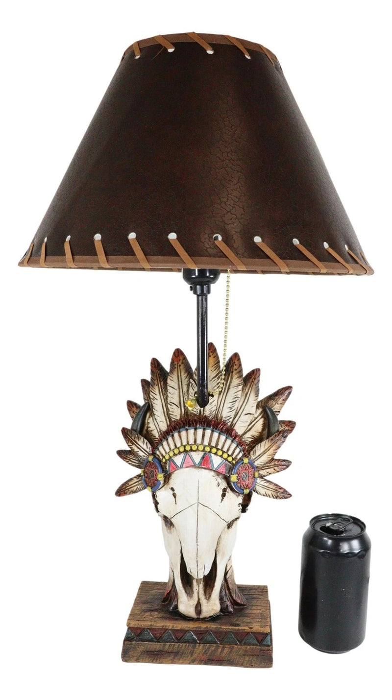 Western Cow Skull with Tribal Indian Chief Feathers Roach Headdress Table Lamp-4