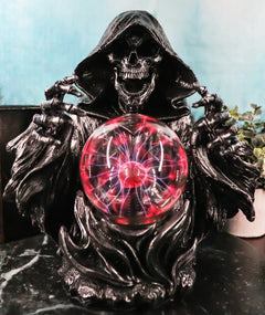 Gothic Alchemy Evil Grim Reaper Skeleton With Scrying Plasma Ball Lamp Statue-1