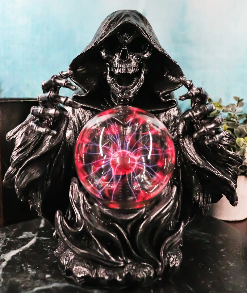 Gothic Alchemy Evil Grim Reaper Skeleton With Scrying Plasma Ball Lamp Statue-1