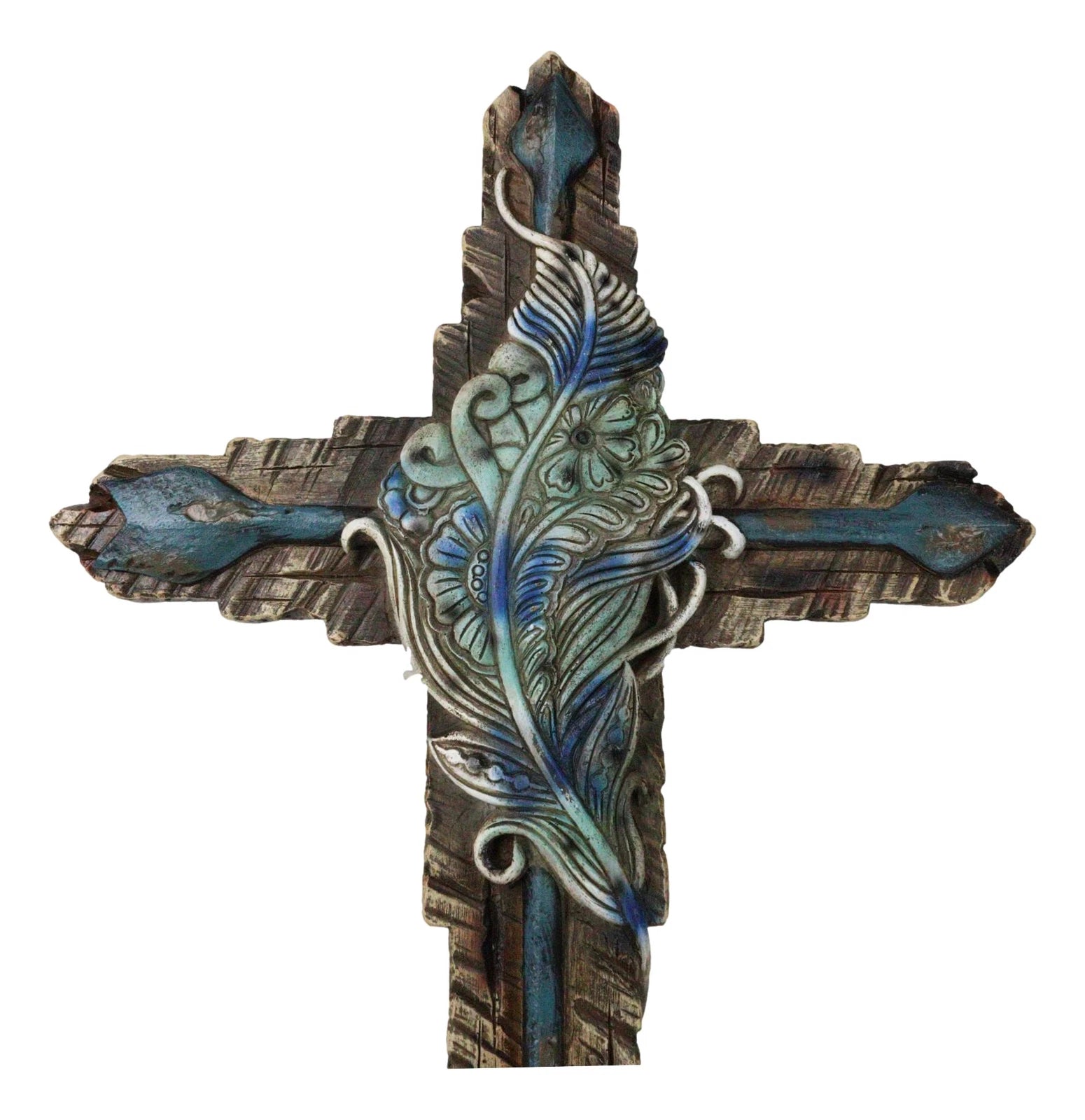 Southwestern Tribal Indian Feather And Turquoise Arrows Faux Wooden Wall Cross-3