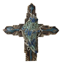 Southwestern Tribal Indian Feather And Turquoise Arrows Faux Wooden Wall Cross-3