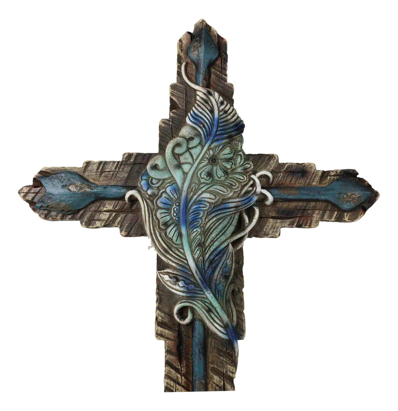 Southwestern Tribal Indian Feather And Turquoise Arrows Faux Wooden Wall Cross-3