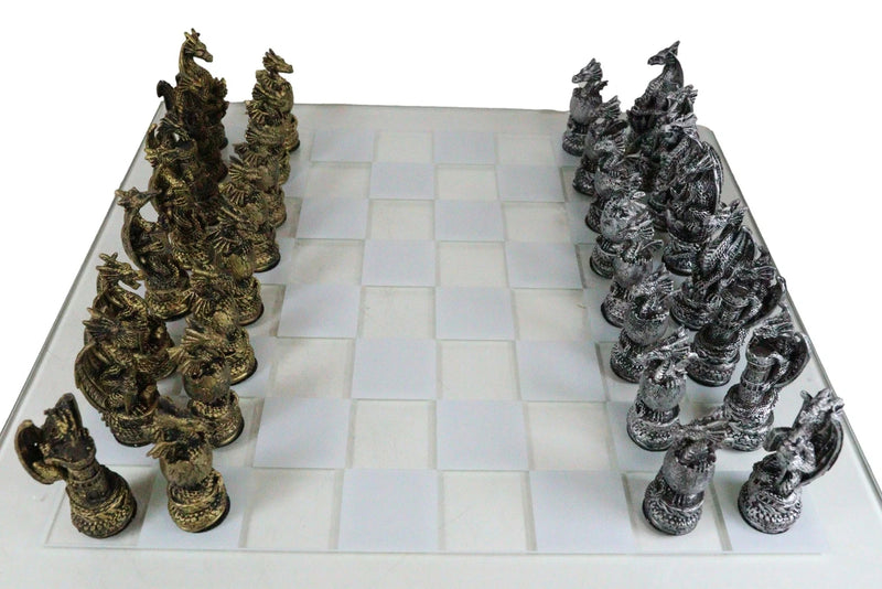 Mythical Fantasy Dragon Dungeon Kingdoms Resin Chess Pieces With Glass Board Set-3