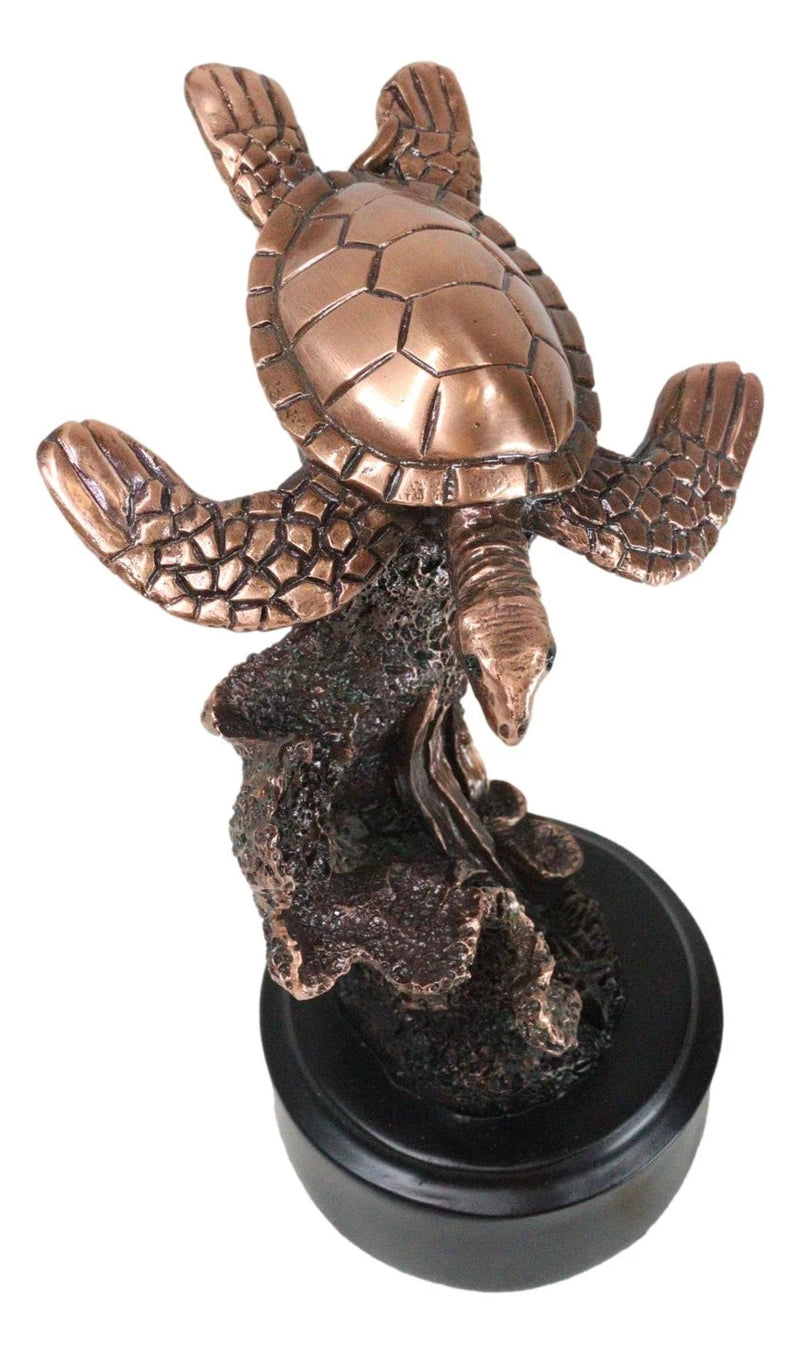 Sea Turtle Swimming By Corals Starfish Electroplated Bronze Resin Statue-3